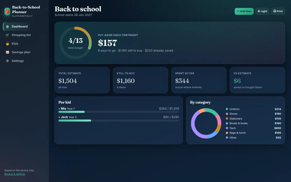 Back-to-School Planner dashboard screenshot