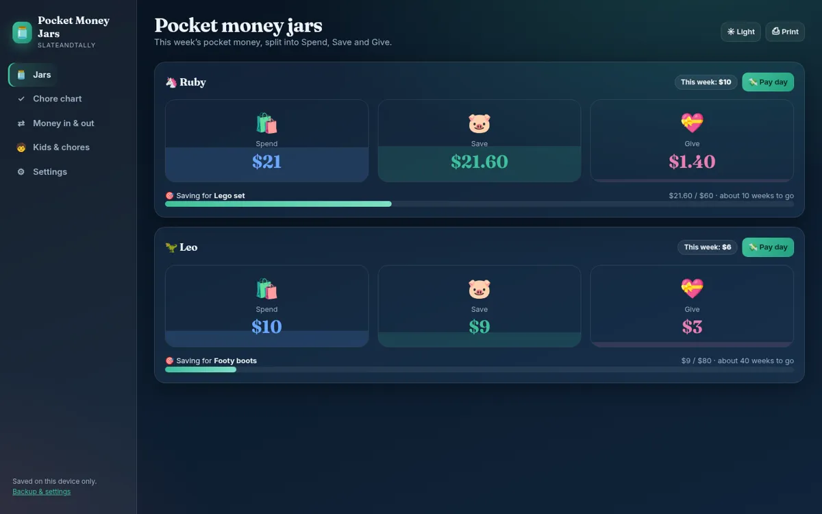 Pocket Money Jars dashboard screenshot